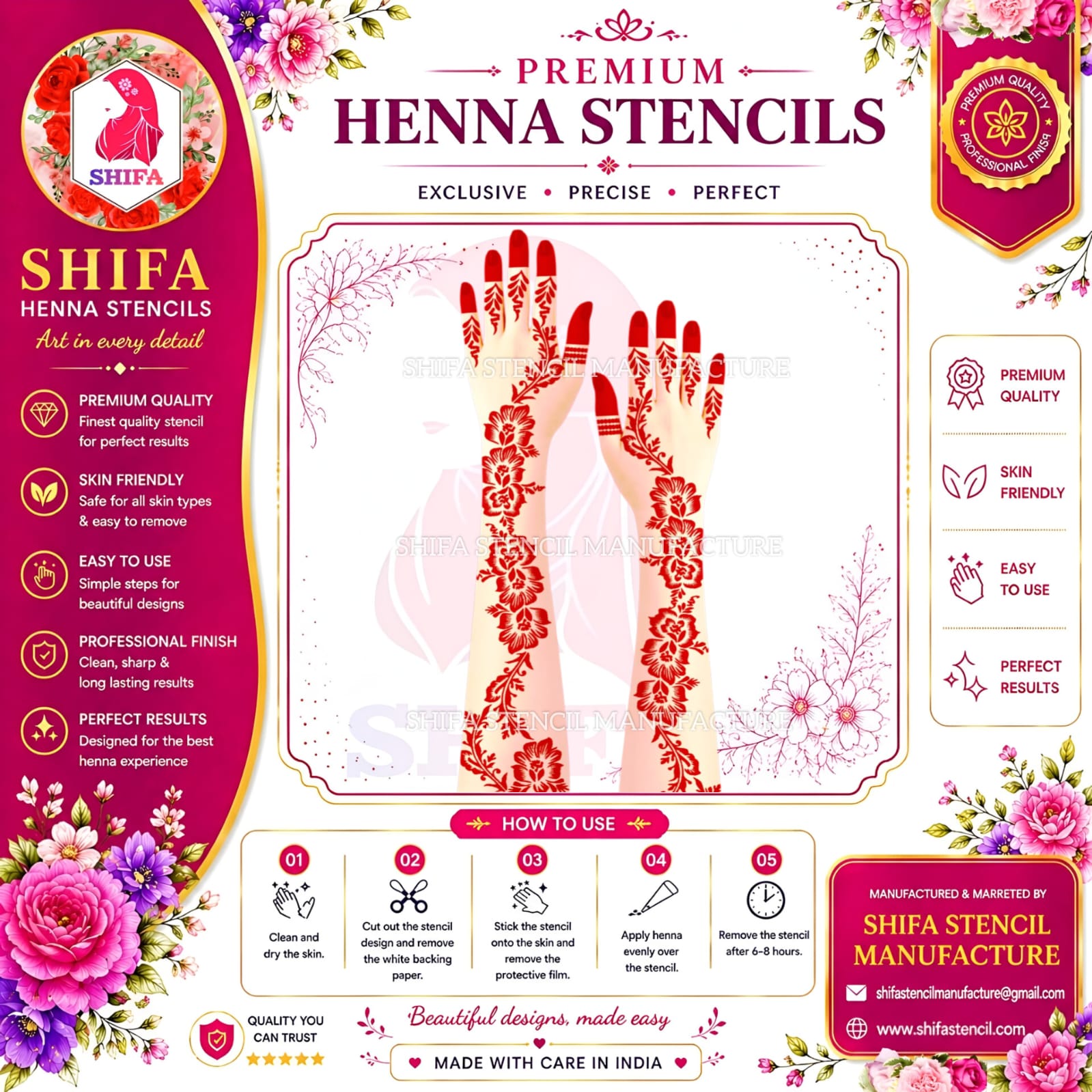L 40 Morning Glory Cascade Instruction Henna Stencil